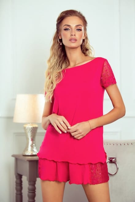 Eldar Nicola shortama met kant- roze/framboos- viscose XL