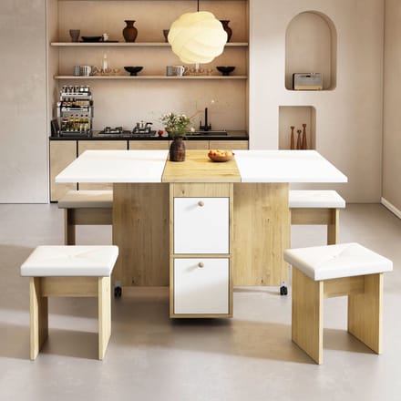 MODFU - Eettafelset - Inklapbaar En Uitschuifbaar - Modern - Eetkamer - Spaanplaat - Wit En Eikenkleur