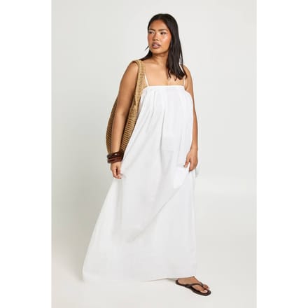 boohoo Dames Plus Katoenen Popeline Geplooide Volume Maxi Jurk | Wit | Maat: 44