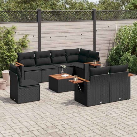 vidaXL - 9-delige - Loungeset - met - kussens - poly - rattan - zwart