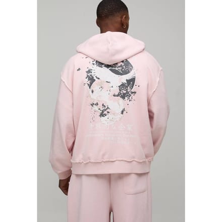 Oversized Boxy Grafische Gewassen Hoodie met Rits | Pink | Size Medium