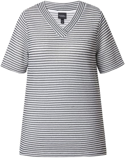 Ulla Popken - Dames - Sweatshirt structuurstrepen V-hals korte mouw - Zwart - Maat 42+