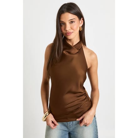 boohoo Dames Satijn top met hoge draperende halslijn | Espresso | Maat: 44