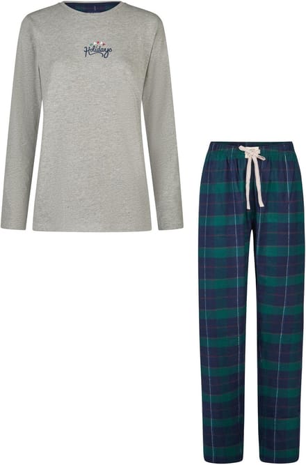 Happy Shorts Dames Kerst Pyjama Set Shirt + Broek Grijs/Groen Geruit - Maat M