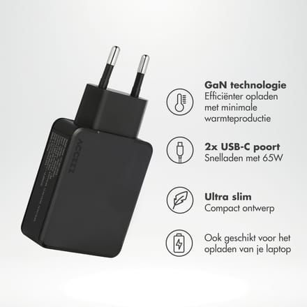 Accezz Ultra Slim GaN Oplader - 2x USB-C - 65W - Zwart