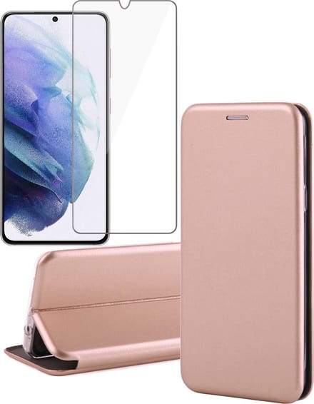Hoesje geschikt voor Samsung Galaxy S21 Plus - Screen Protector GlassGuard - Book Case Kunstleer ThinShield Roségoud & Screenprotector