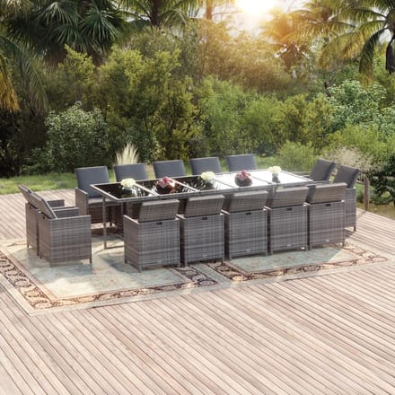 vidaXL - 15-delige - Tuinset - met - kussens - poly - rattan - grijs
