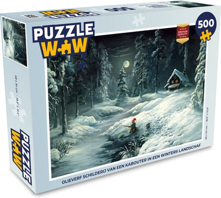 Puzzel Olieverf schilderij van een kabouter in een winters landschap - Legpuzzel - Puzzel 500 stukjes
