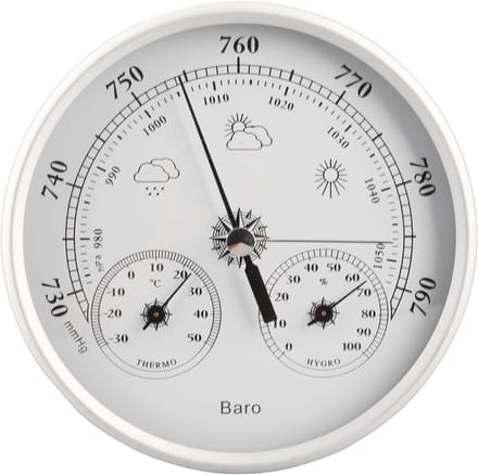 Weerstation 3-in-1 - Barometer Hygrometer - Binnen Buiten - Aluminium Constructie - 130 mm Diameter - Zilver Wit