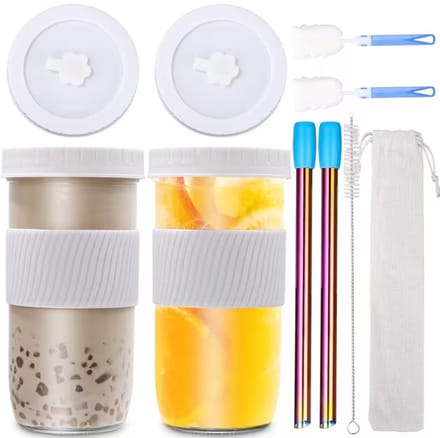 Glazen Drinkfles - Waterbeker - Lekvrij - Gemakkelijk Schoon te Maken - met Stro - 720ml - 2 Stuks