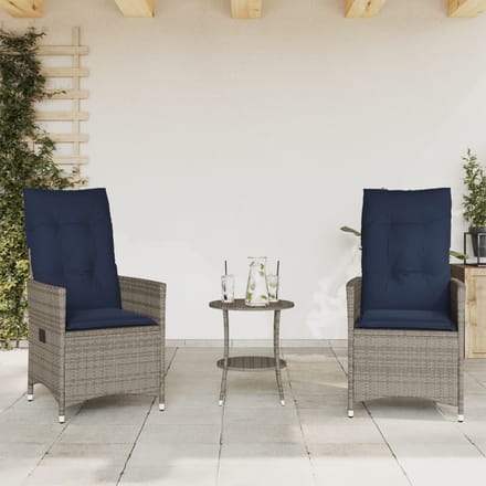 vidaXL - 3-delige - Bistroset - met - kussens - poly - rattan - grijs