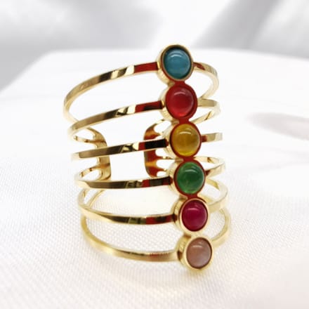 Ring - RVS - verstelbaar - Langwerpig - elegant - multicolor - natuursteentjes. One-size