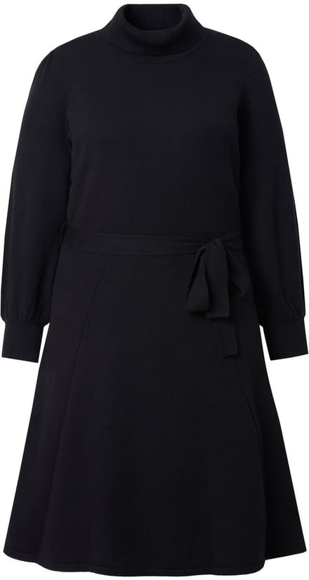 MIAMODA - Dames - Gebreide jurk midilengte col ceintuur in de taille - Zwart - Maat 50+