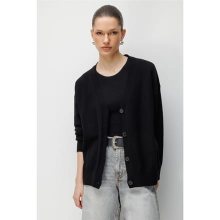 Lange Geribbelde Gebreide Cardigan met V-hals en Knopen Sluiting