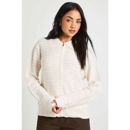 boohoo Dames Gebreide cardigan met ritssluiting en getextureerd kraagdetail | Creme | Maat: Medium