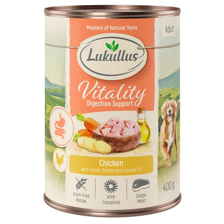 6x400g Vitality Ondersteunt de Spijsvertering Kip Graanvrij Lukullus Honden natvoer