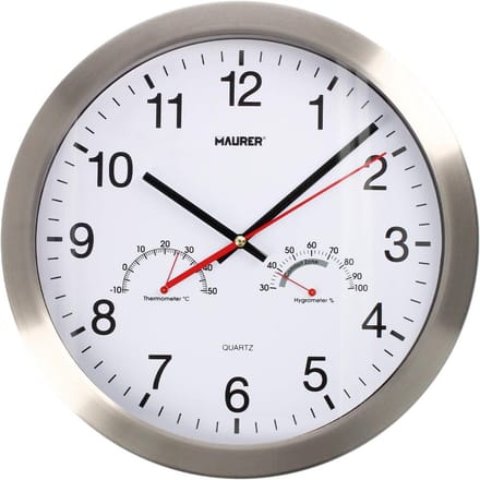 Analoge Wandklok 30 cm met Thermometer en Hygrometer - XL Stalen Frame