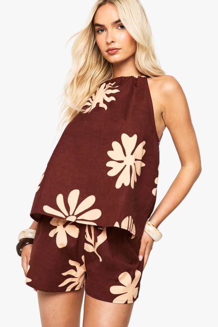 boohoo Dames Linnen shorts met schelpprint | Chocoladebruin | Maat: 36