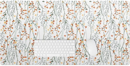 Wallfluent - Herfstbloemen Op Een Tak Bureau Onderlegger - 100x50 cm - Wit Computer Mat - Boho-patroon Bureau Pad - Bureau Onderlegger Groot - Kantoor Decoraties - Bureauonderlegger