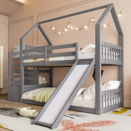 REDOM Ledikant 90x200 cm – Huisdesign met glijbaan & opbergtrap – Dennen/MDF – Grijs