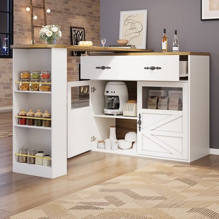 HAUSS SPOLE Bartafel - Uitschuifbare Bartafel met 360 Graden Draaimechanisme, Lade en Verstelbare Planken - MDF - Wit - 138-204x39x104 cm