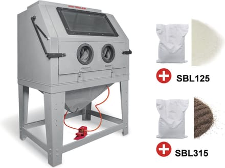 PACK professionele straalcabine 990 L met 25 kg glasparels en 25 kg bruine korund MW Tools CAT990SET