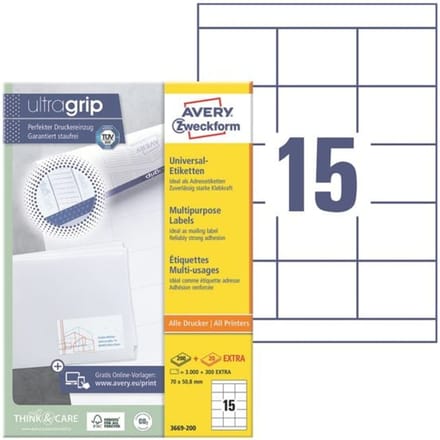 Avery-Zweckform 3669-200 Universele etiketten 70 x 50.8 mm Papier Wit 3300 stuk(s) Permanent hechtend Laser (zwart/wit), Laser (kleur)