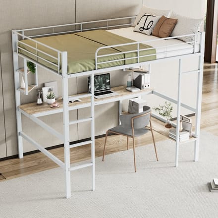 REDOM Bedframe 140x200 cm – Hoogslaper met bureau, boekenplank & trap – Metaal/MDF – Wit – EN747