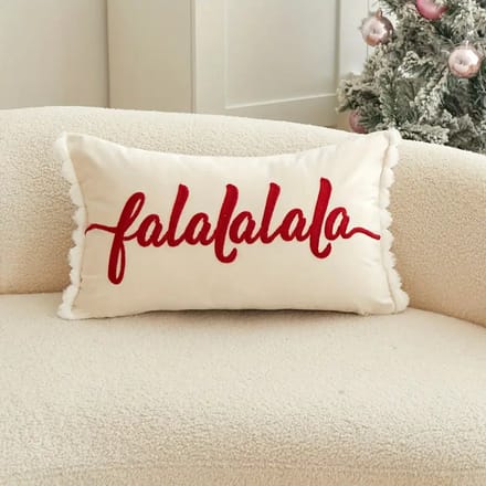 Kussenhoes Kerst Wit met Rood geborduurde tekst Falalala 30x50