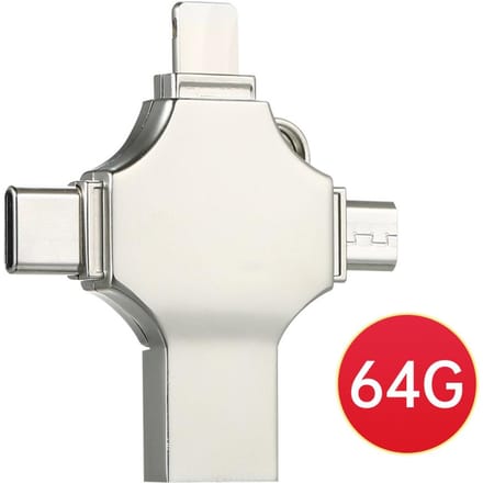 128GB 4-en-1 clé USB en métal téléphone portable ordinateur double usage Mini clé USB Support 64GB argenté