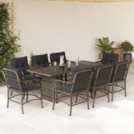 vidaXL - 9-delige - Tuinset - met - kussens - poly - rattan - grijs