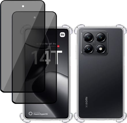 Hoesje + 2x Privé Screenprotector geschikt voor Xiaomi 14T Pro – Privacy Tempered Glass - Case Transparant