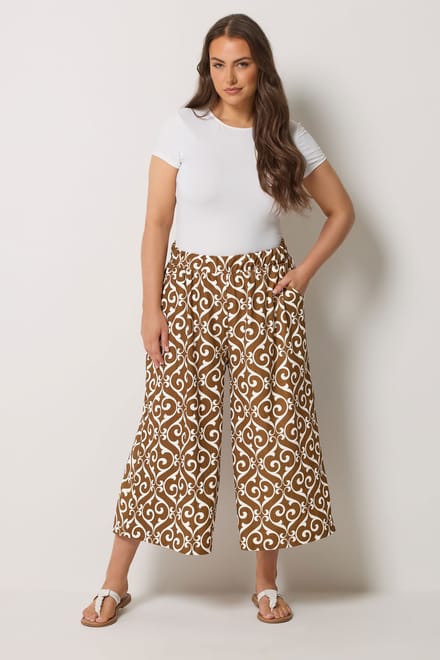 Yours Bruine Abstracte Plissé Cropped Broek Size 44