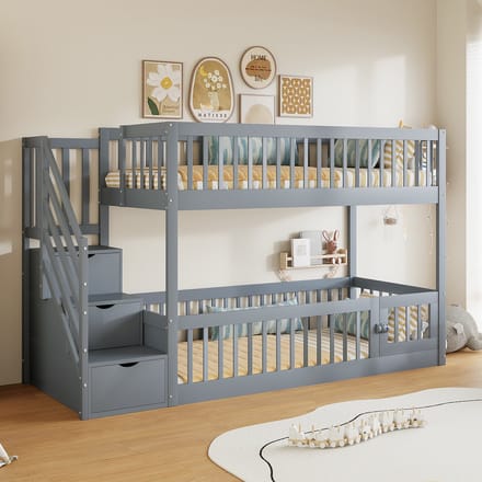 Stapelbed 90x200 - Kinderbed met Lades en Veiligheidsladder - Grijs - Hout