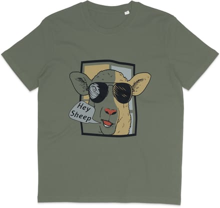 Grappig Dames en Heren T Shirt - Cartoon Schaap - Tekst: Hey Sheep - Khaki Groen - L
