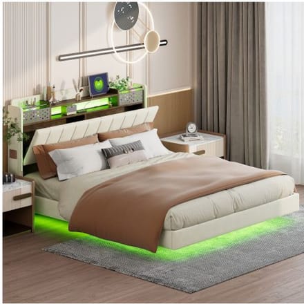 Lit rembourré - MUVOE - 160x200 cm - Éclairage LED - Prise USB - Tissu lin beige