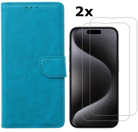 Hoesje Geschikt voor iPhone 15 Pro Max hoesje bookcase met 2x screenprotector – Blauw