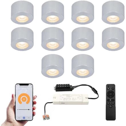 HOFTRONIC Set van 10 Navarra Smart LED Mini opbouwspots - Veranda spots - 12V 3W 200lm - Dimbaar - Wifi & Bluetooth - 2700K - IP44 waterdicht - RVS