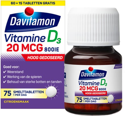 Davitamon - Vitamine D3 20mcg Hoog Gedoseerd - 2 x 75 smelttabletten - Voordeelverpakking
