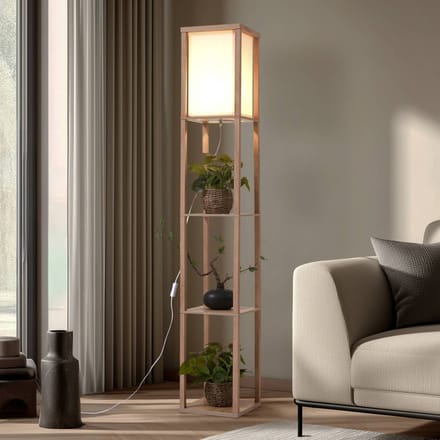 Lindby - vloerlamp hout - 1licht - Hout, textiel - H: 159 cm - E27 - houtkleurig, wit