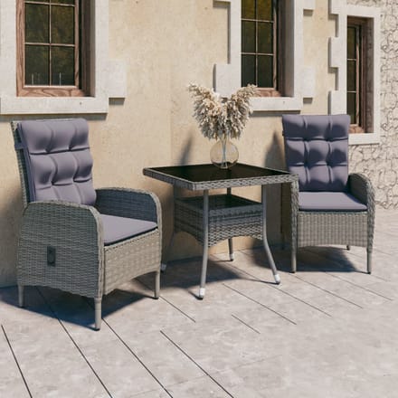 vidaXL - 3-delige - Tuinset - poly - rattan - en - glas - grijs