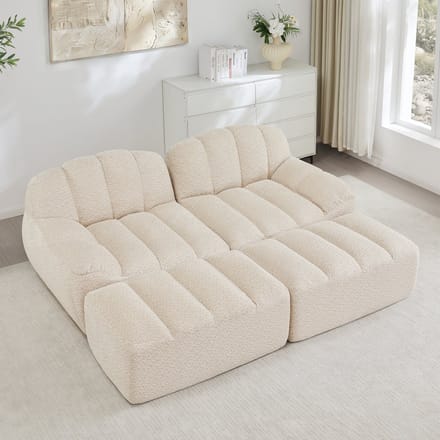 Teddy Loungebank - 2-Zits Modulaire Bank Met 2 Poefs - Gebroken Wit