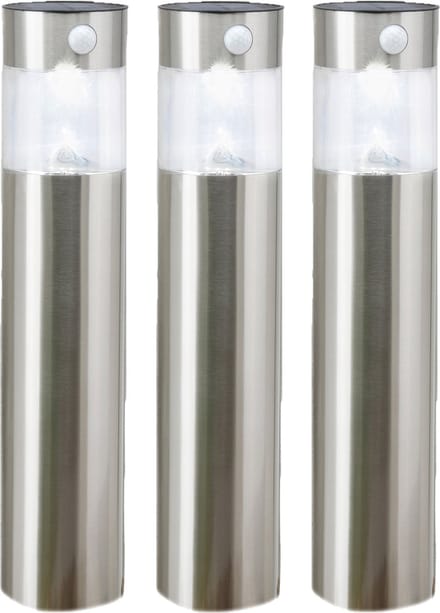 Hi Solar tuinlamp/prikspot pilaar - Set van 3x stuks - zilver - RVS - 50 cm - zonne energie met bewegingssensor