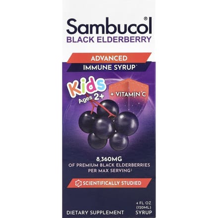 Kindersiroop met zwarte vlierbes, ter versterking van het immuunsysteem, voor kinderen vanaf 2 jaar, bessensmaak, 120 ml (4 fl oz)