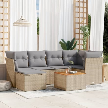 vidaXL - 7-delige - Loungeset - met - kussens - poly - rattan - beige