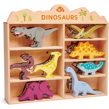 TENDER LEAF Houten Dieren - Set Dinos - 8 Verschillende Figuren - Met Display Plank - 3 Jaar