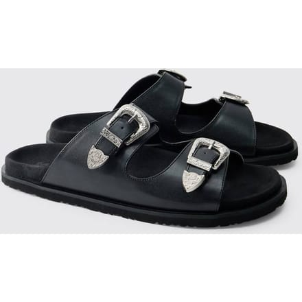 Faux Suède Sandaal Met Dubbele Band En Western Gesp | Black | Size 42