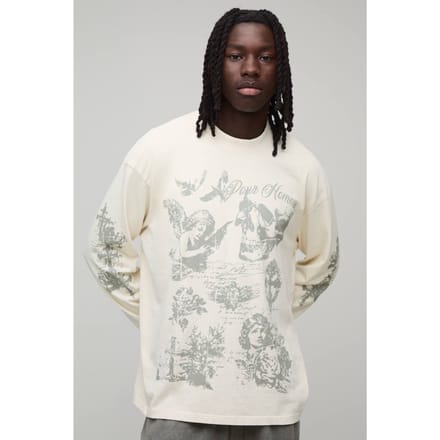 Gewassen Ecru Oversized Gothic Doodle Print T-shirt Met Lange Mouwen | Size Large