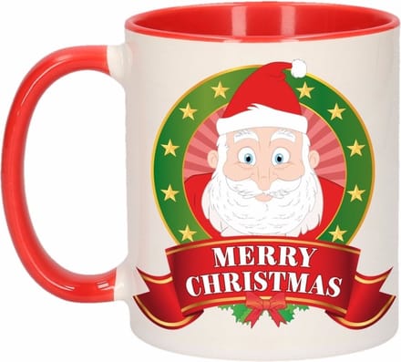 Kerst beker / mok - rood met wit - 300 ml keramiek - Kerstman print