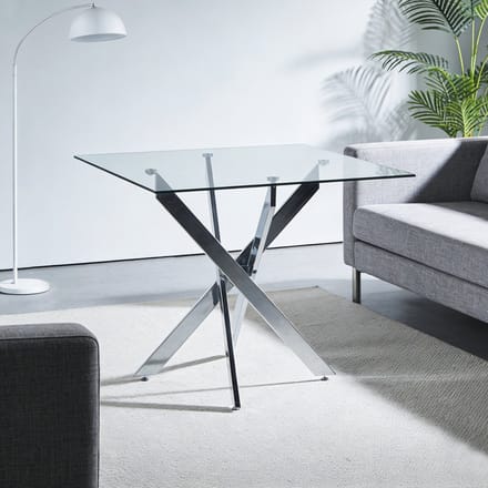 MODFU Vierkante Eettafel - Kruispoot - Ruimtebesparend - Modern - Glas En Metaal - Zilver - 80 X 80 X 75 Cm